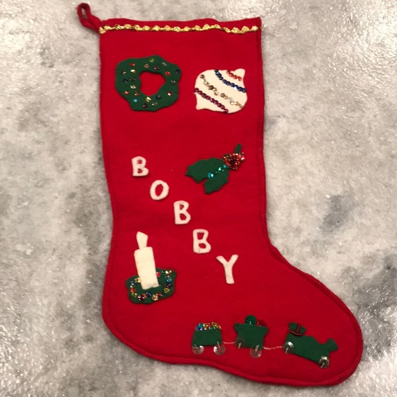 Handmade Holiday Vintage Felt Sequin Christmas Stocking Bobby Good